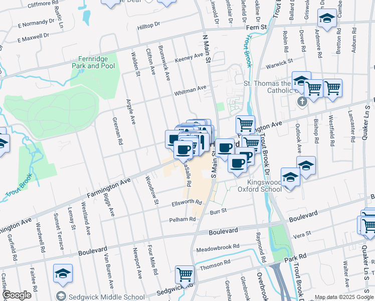 map of restaurants, bars, coffee shops, grocery stores, and more near 982 Farmington Avenue in West Hartford
