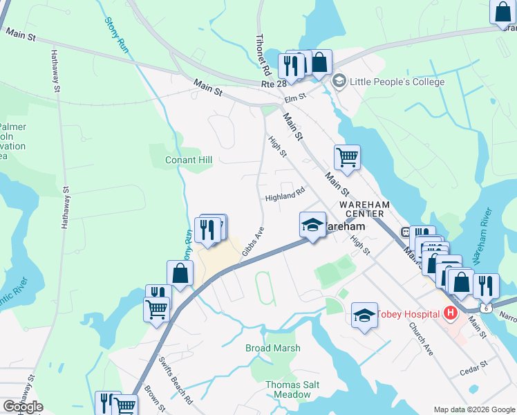 map of restaurants, bars, coffee shops, grocery stores, and more near 85 Gibbs Avenue in Wareham