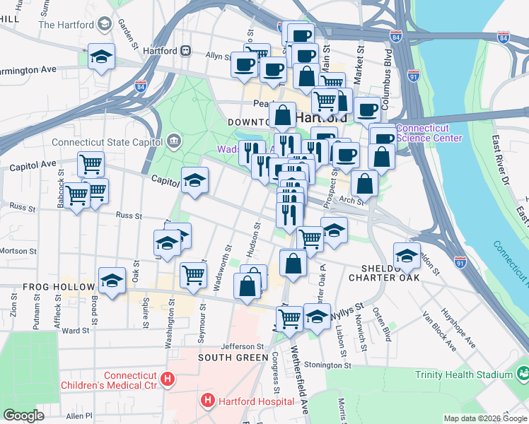 map of restaurants, bars, coffee shops, grocery stores, and more near 1 Linden Place in Hartford