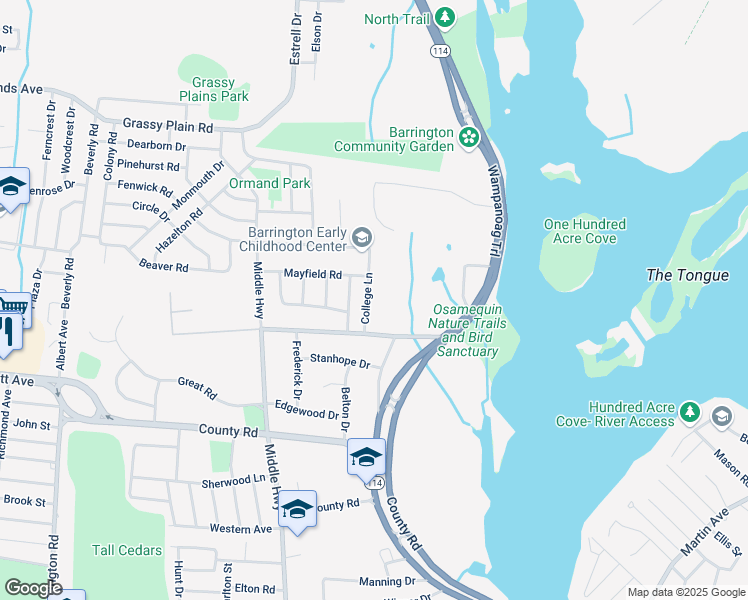map of restaurants, bars, coffee shops, grocery stores, and more near 8 College Lane in Barrington