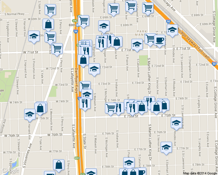 map of restaurants, bars, coffee shops, grocery stores, and more near 7311 S Michigan Ave in Chicago