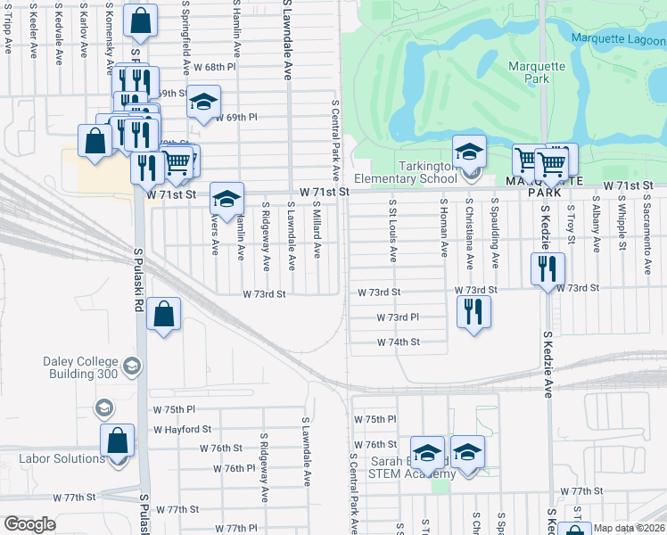 map of restaurants, bars, coffee shops, grocery stores, and more near 7228 South Central Park Avenue in Chicago