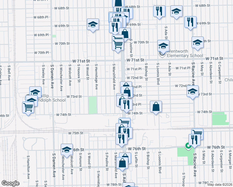 map of restaurants, bars, coffee shops, grocery stores, and more near 7253 South Marshfield Avenue in Chicago