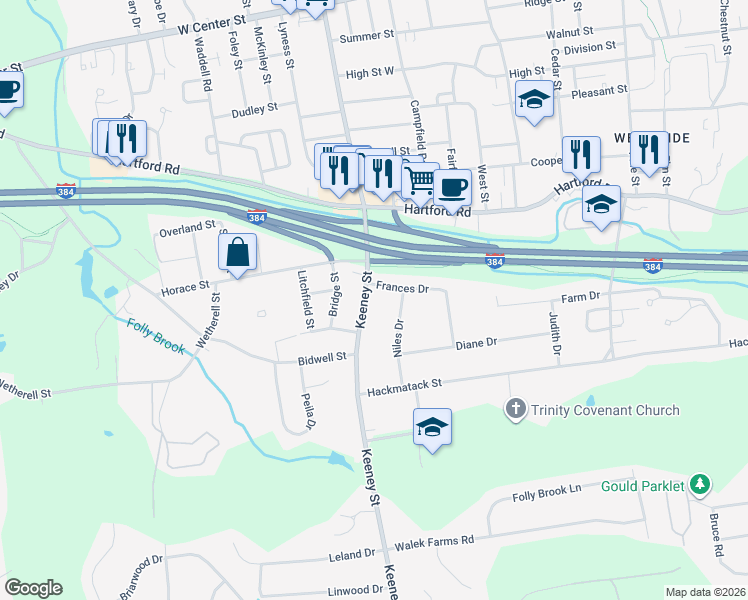 map of restaurants, bars, coffee shops, grocery stores, and more near 27 Keeney St in Manchester