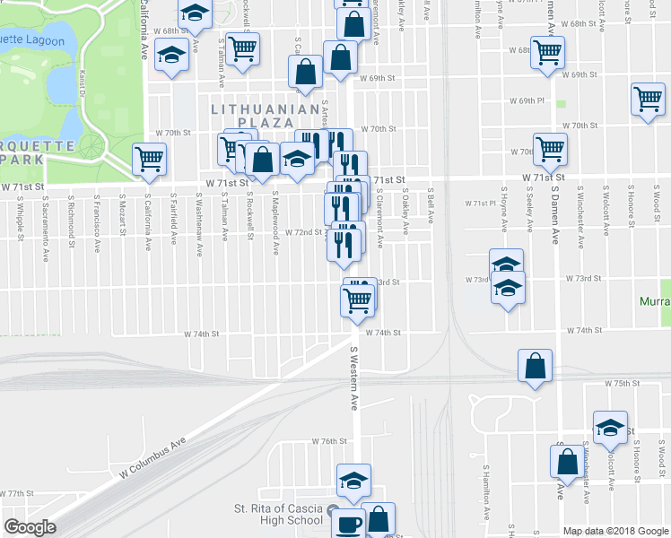 map of restaurants, bars, coffee shops, grocery stores, and more near 7245 South Artesian Avenue in Chicago
