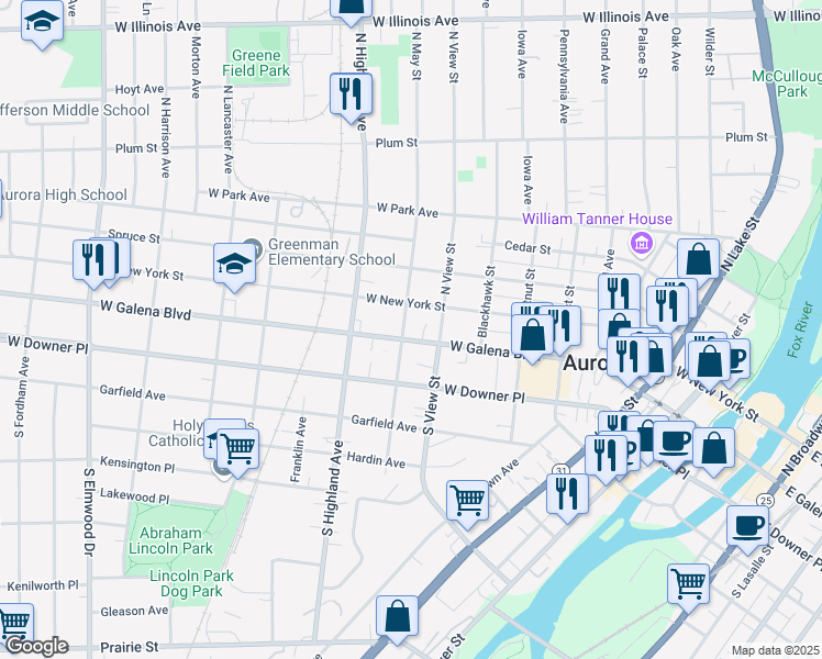 map of restaurants, bars, coffee shops, grocery stores, and more near 523 West Galena Boulevard in Aurora