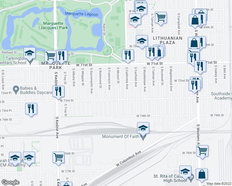 map of restaurants, bars, coffee shops, grocery stores, and more near 7238 South Mozart Street in Chicago