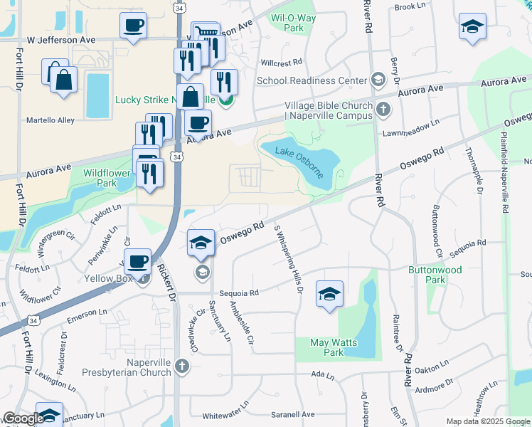 map of restaurants, bars, coffee shops, grocery stores, and more near 1515 Watkins Lane in Naperville