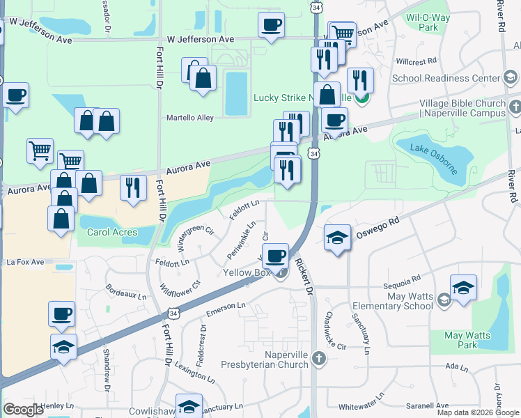 map of restaurants, bars, coffee shops, grocery stores, and more near 708 Violet Circle in Naperville