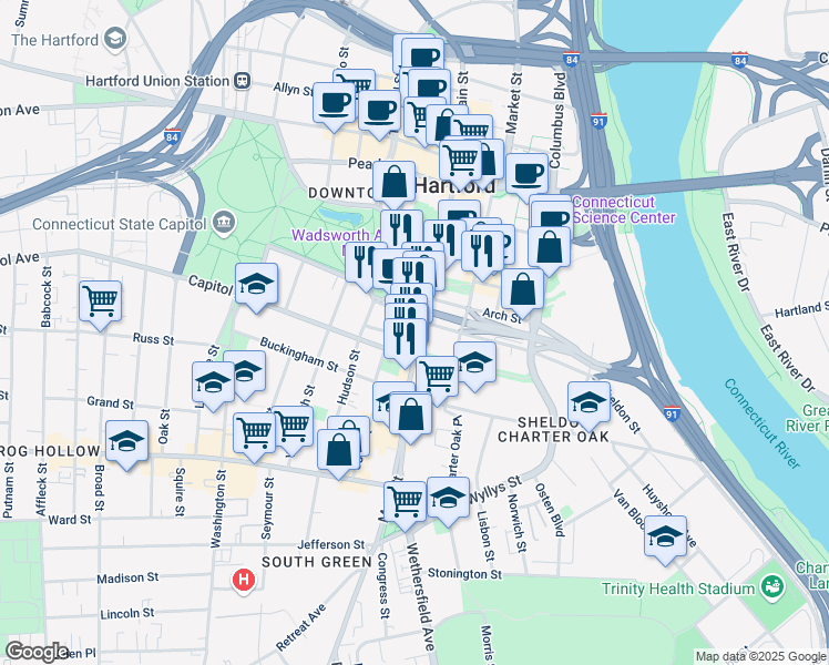 map of restaurants, bars, coffee shops, grocery stores, and more near 455 Main Street in Hartford