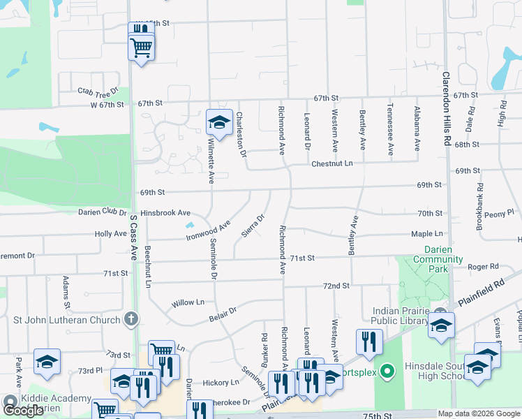 map of restaurants, bars, coffee shops, grocery stores, and more near 6914 Sierra Drive in Darien