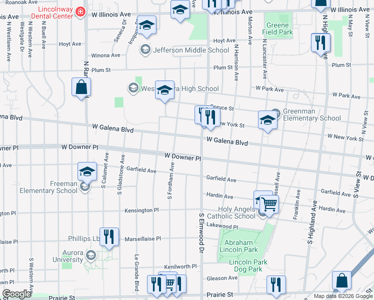 map of restaurants, bars, coffee shops, grocery stores, and more near 1025 West Downer Place in Aurora