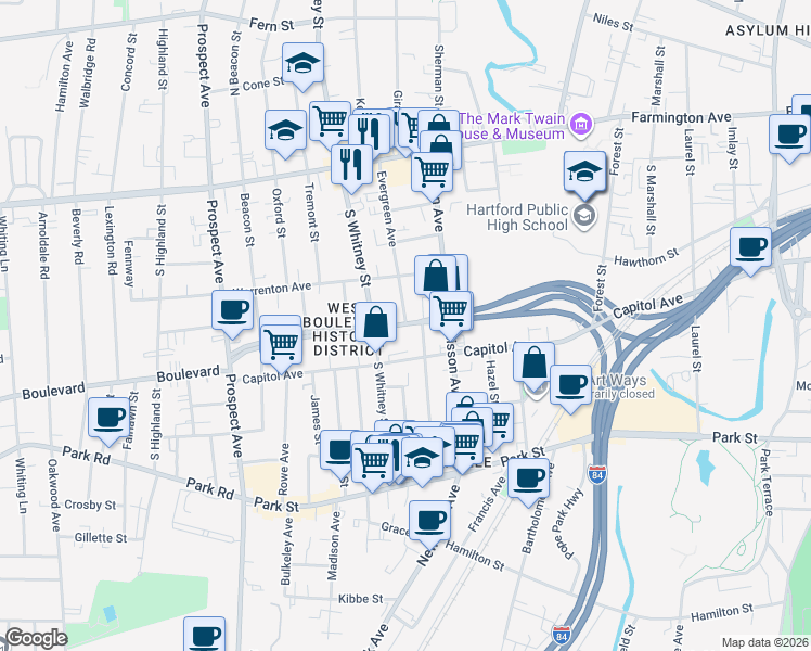 map of restaurants, bars, coffee shops, grocery stores, and more near West Blvd & Evergreen Ave in Hartford