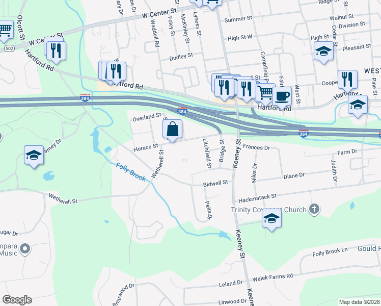 map of restaurants, bars, coffee shops, grocery stores, and more near 118 Wetherell Street in Manchester