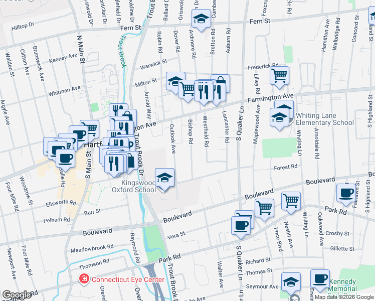 map of restaurants, bars, coffee shops, grocery stores, and more near 31 Bishop Road in West Hartford