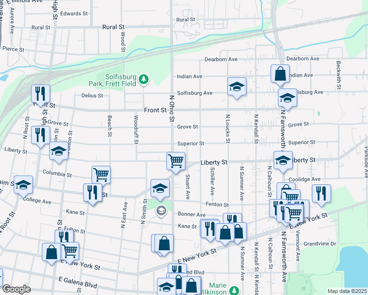 map of restaurants, bars, coffee shops, grocery stores, and more near 324 Stuart Avenue in Aurora