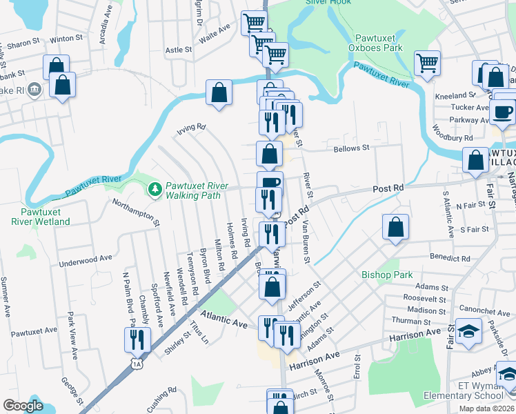 map of restaurants, bars, coffee shops, grocery stores, and more near 26 Temple Avenue in Warwick