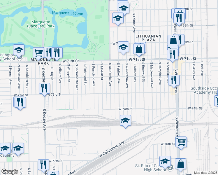 map of restaurants, bars, coffee shops, grocery stores, and more near 7228 South California Avenue in Chicago