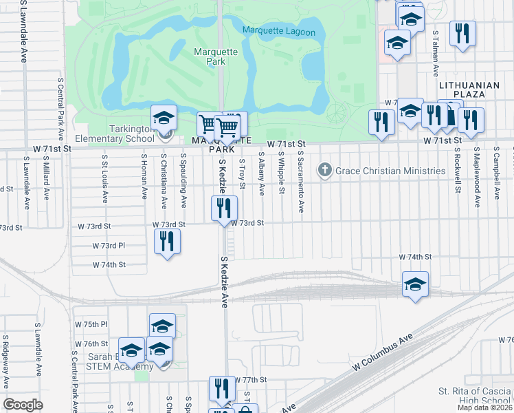 map of restaurants, bars, coffee shops, grocery stores, and more near 7236 South Albany Avenue in Chicago
