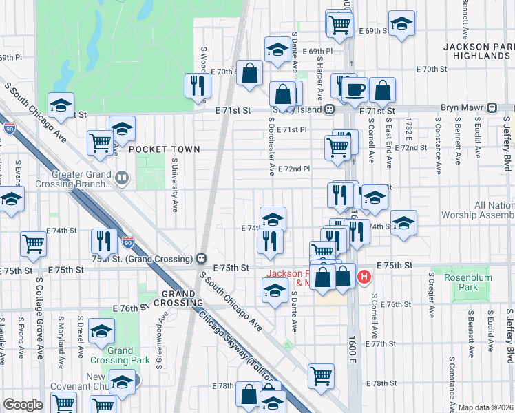 map of restaurants, bars, coffee shops, grocery stores, and more near 7326 South Kenwood Avenue in Chicago