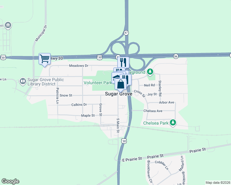 map of restaurants, bars, coffee shops, grocery stores, and more near 59 Snow Street in Sugar Grove