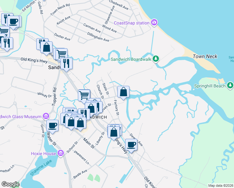 map of restaurants, bars, coffee shops, grocery stores, and more near 11 Harbor St in Sandwich