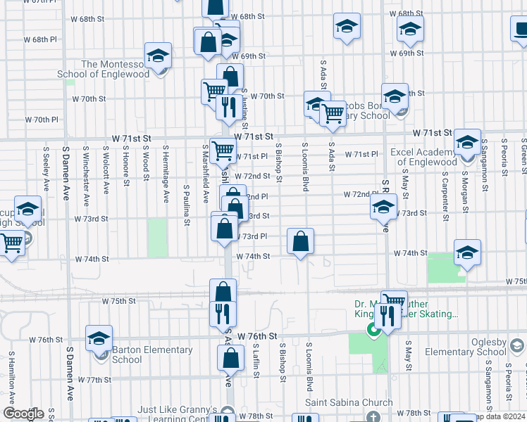 map of restaurants, bars, coffee shops, grocery stores, and more near 1468 W 73rd St in Chicago