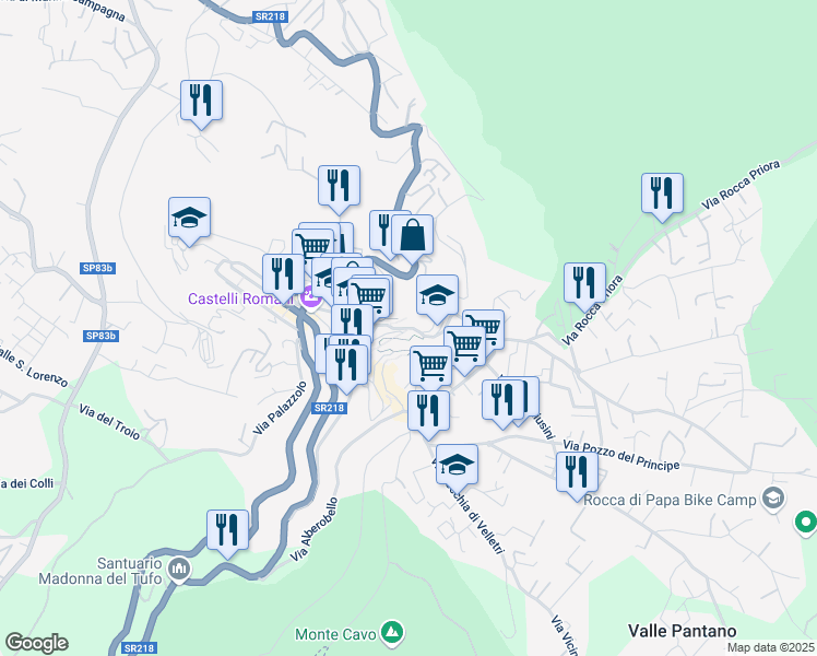 map of restaurants, bars, coffee shops, grocery stores, and more near 69 Via Campi D'Annibale in Rocca di Papa