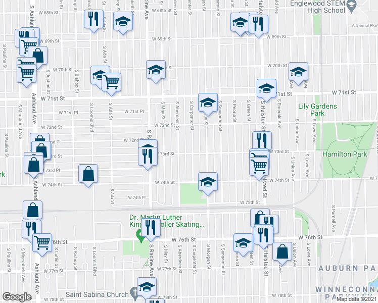 map of restaurants, bars, coffee shops, grocery stores, and more near 7258 South Carpenter Street in Chicago