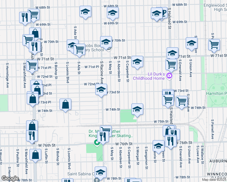 map of restaurants, bars, coffee shops, grocery stores, and more near 7259 South May Street in Chicago