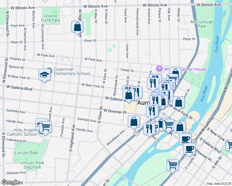 map of restaurants, bars, coffee shops, grocery stores, and more near 15 Blackhawk Street in Aurora
