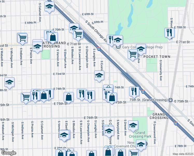 map of restaurants, bars, coffee shops, grocery stores, and more near 7317 South Langley Avenue in Chicago