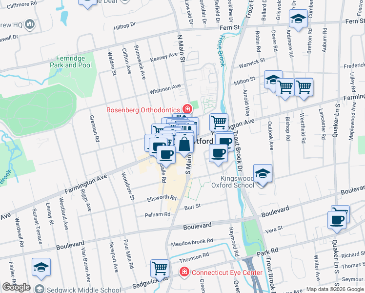 map of restaurants, bars, coffee shops, grocery stores, and more near in West Hartford