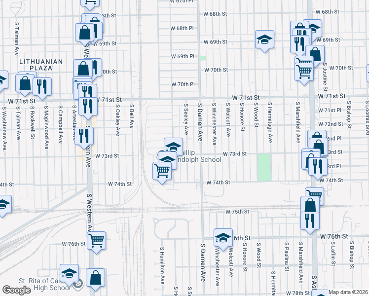 map of restaurants, bars, coffee shops, grocery stores, and more near 7246 South Seeley Avenue in Chicago