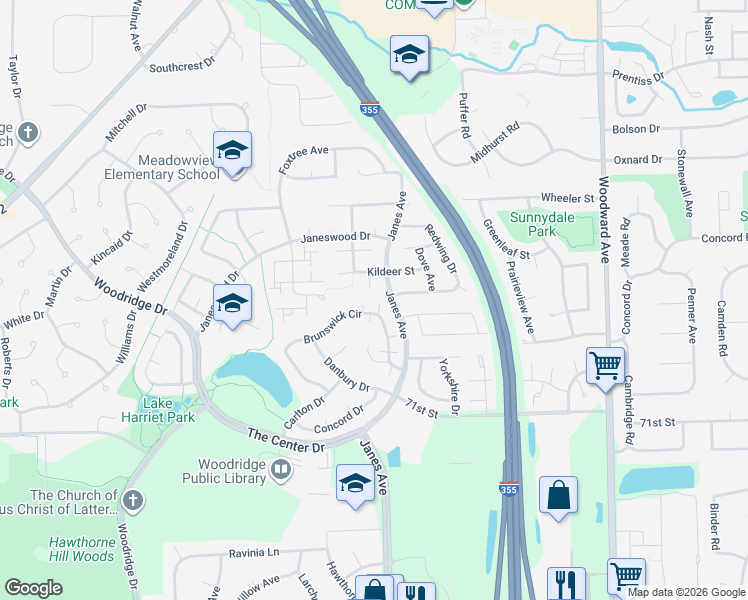 map of restaurants, bars, coffee shops, grocery stores, and more near 2458 Brunswick Circle in Woodridge