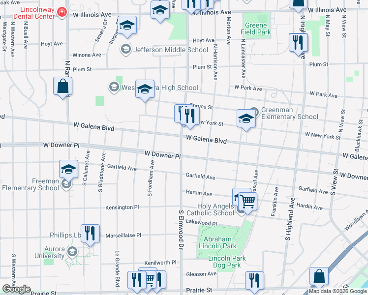 map of restaurants, bars, coffee shops, grocery stores, and more near 18 South Elmwood Drive in Aurora