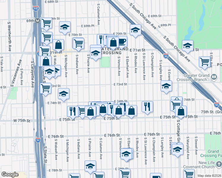 map of restaurants, bars, coffee shops, grocery stores, and more near 7317 South King Drive in Chicago