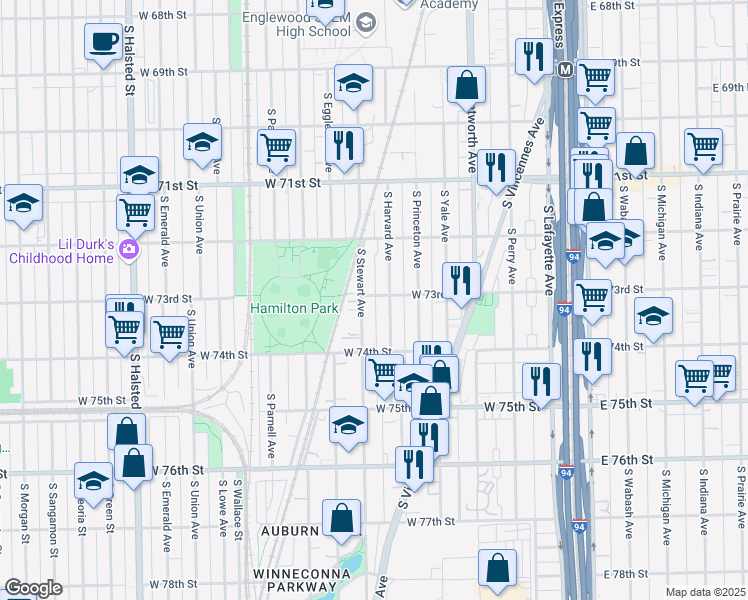 map of restaurants, bars, coffee shops, grocery stores, and more near 7309 South Stewart Avenue in Chicago