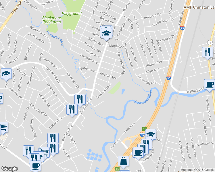 map of restaurants, bars, coffee shops, grocery stores, and more near 92 Howland Road in Cranston