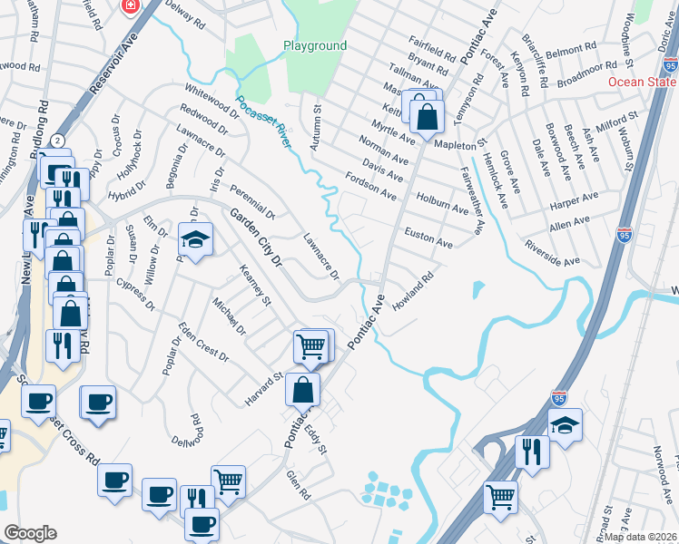 map of restaurants, bars, coffee shops, grocery stores, and more near 322 Lawnacre Drive in Cranston