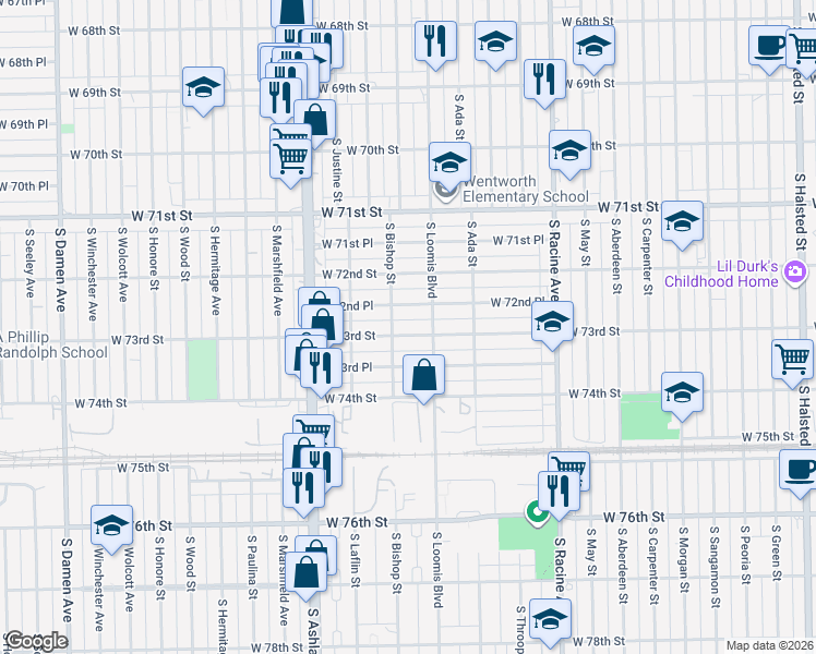 map of restaurants, bars, coffee shops, grocery stores, and more near 1424 West 73rd Street in Chicago