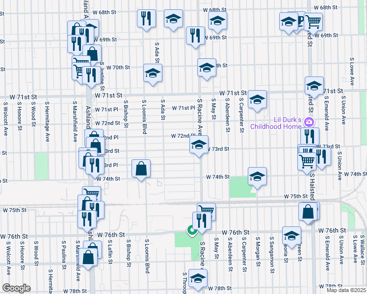 map of restaurants, bars, coffee shops, grocery stores, and more near 1236 West 73rd Street in Chicago