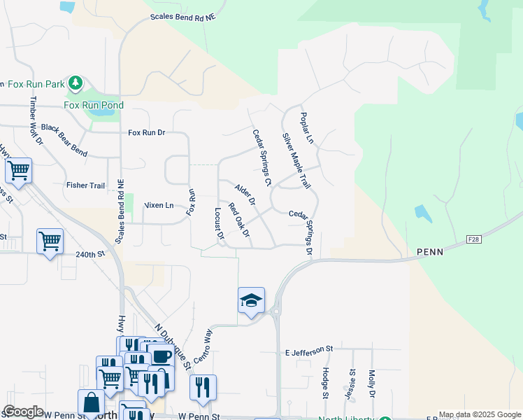 map of restaurants, bars, coffee shops, grocery stores, and more near 120 Catalpa Lane in North Liberty