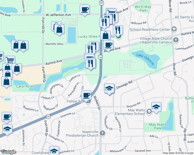 map of restaurants, bars, coffee shops, grocery stores, and more near 2020 Feldott Lane in Naperville