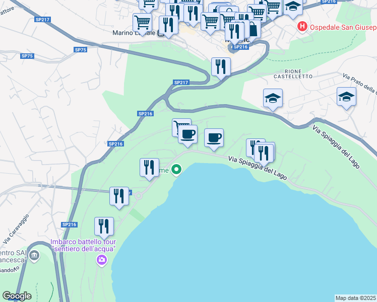 map of restaurants, bars, coffee shops, grocery stores, and more near 15 Via Spiaggia del Lago in Castel Gandolfo