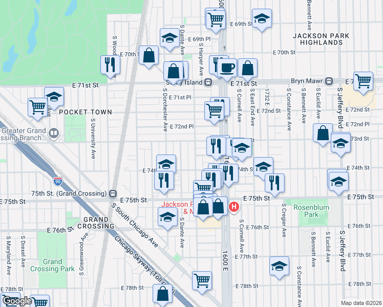 map of restaurants, bars, coffee shops, grocery stores, and more near 7329 South Dante Avenue in Chicago