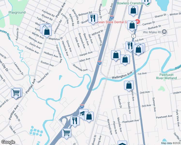 map of restaurants, bars, coffee shops, grocery stores, and more near 130 Riverside Avenue in Cranston