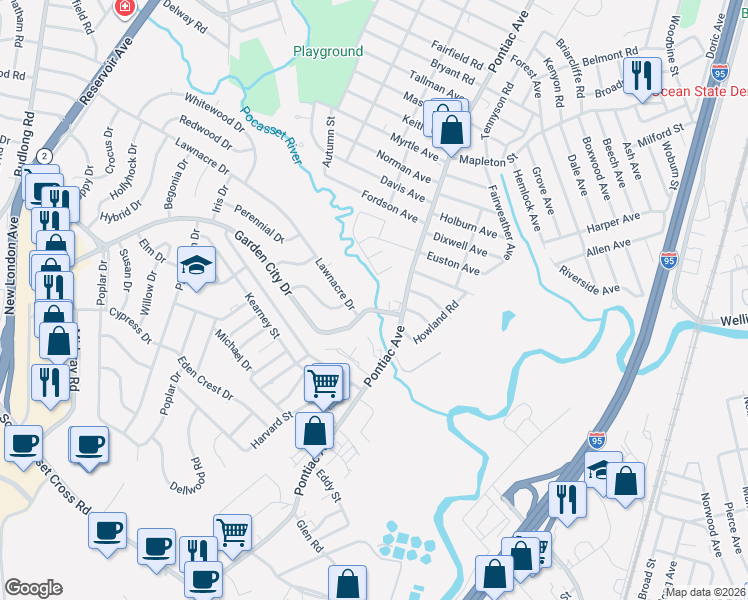 map of restaurants, bars, coffee shops, grocery stores, and more near 410 Garden City Drive in Cranston
