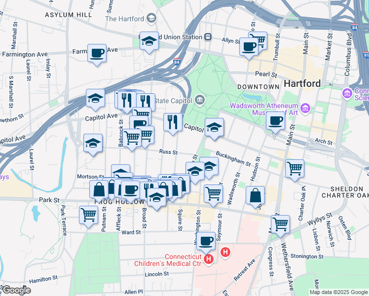 map of restaurants, bars, coffee shops, grocery stores, and more near 36 Russ Street in Hartford