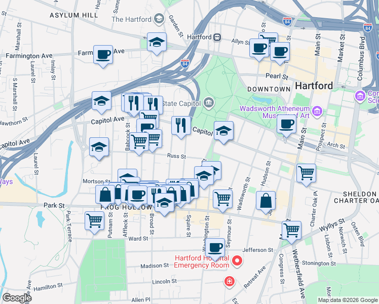 map of restaurants, bars, coffee shops, grocery stores, and more near 36 Russ Street in Hartford